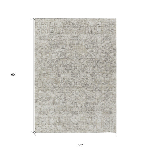 3' X 5' Taupe Beige And Gray Floral Washable Indoor Outdoor Area Rug
