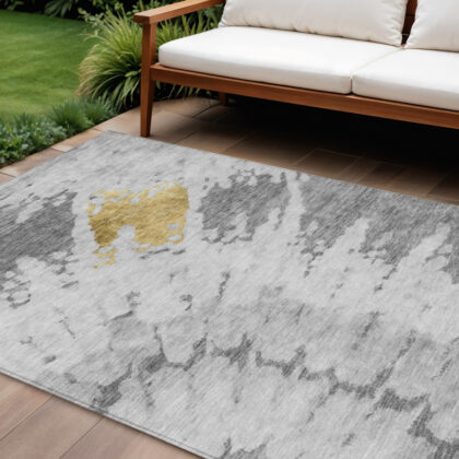 8' X 10' Gray Silver And Charcoal Abstract Washable Indoor Outdoor Area Rug