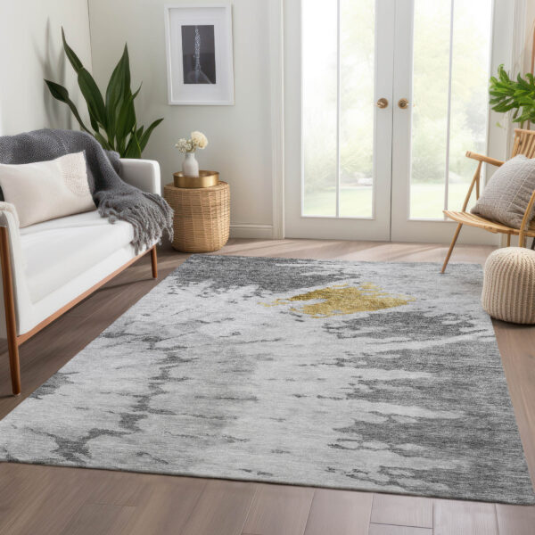 8' X 10' Gray Silver And Charcoal Abstract Washable Indoor Outdoor Area Rug