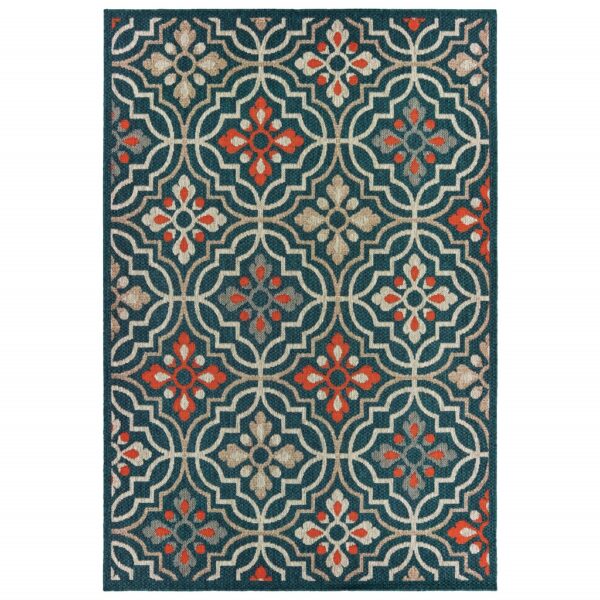3' X 5' Blue and Orange Moroccan Indoor Outdoor Area Rug