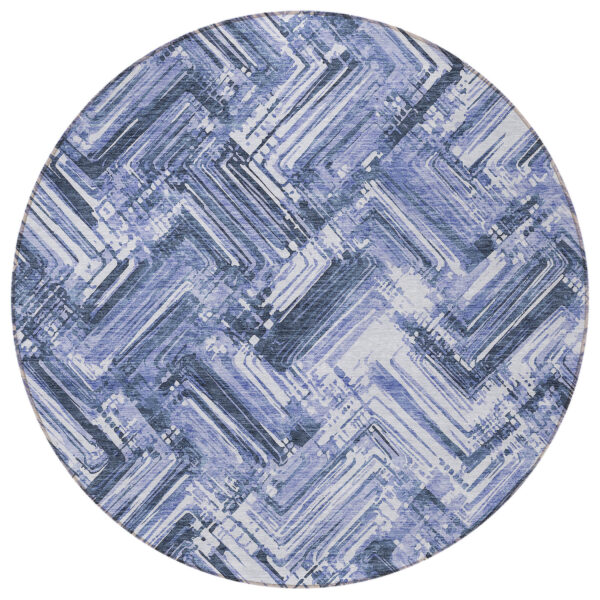 8' Navy Blue And Sky Blue Round Geometric Washable Indoor Outdoor Area Rug