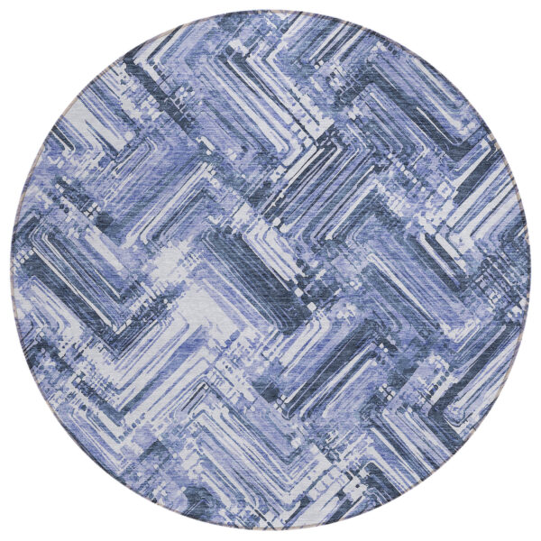 8' Navy Blue And Sky Blue Round Geometric Washable Indoor Outdoor Area Rug