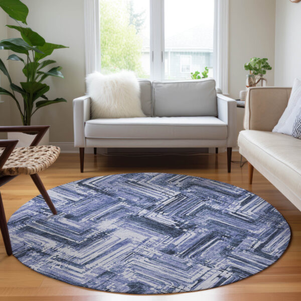 8' Navy Blue And Sky Blue Round Geometric Washable Indoor Outdoor Area Rug