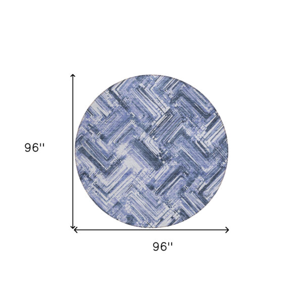 8' Navy Blue And Sky Blue Round Geometric Washable Indoor Outdoor Area Rug