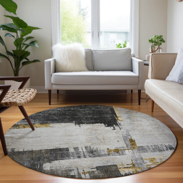 8' Gray And Tan Round Abstract Washable Indoor Outdoor Area Rug