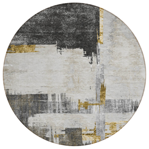 8' Gray And Tan Round Abstract Washable Indoor Outdoor Area Rug
