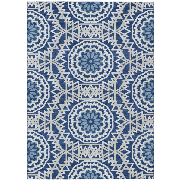 3' X 5' Navy Blue Ivory And Gray Floral Medallion Washable Indoor Outdoor Area Rug