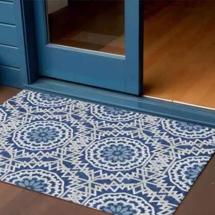 3' X 5' Navy Blue Ivory And Gray Floral Medallion Washable Indoor Outdoor Area Rug