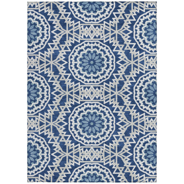3' X 5' Navy Blue Ivory And Gray Floral Medallion Washable Indoor Outdoor Area Rug