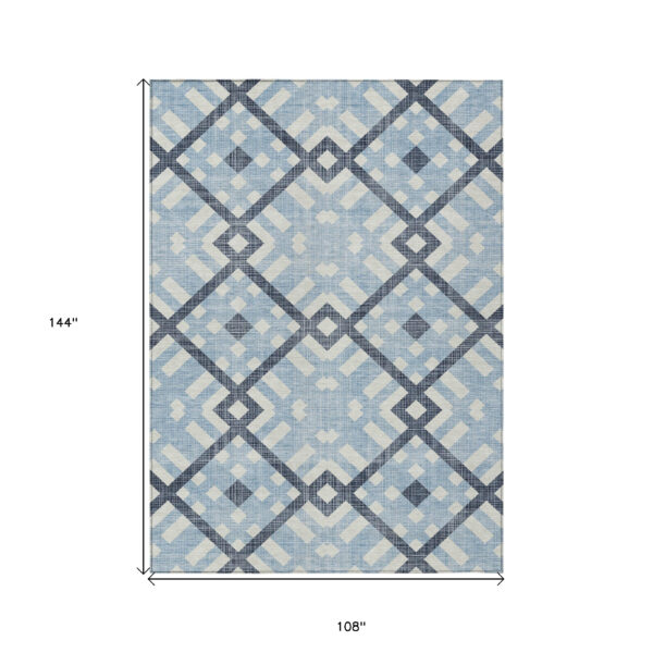 9' X 12' Sky Blue Navy Blue And Ivory Geometric Washable Indoor Outdoor Area Rug