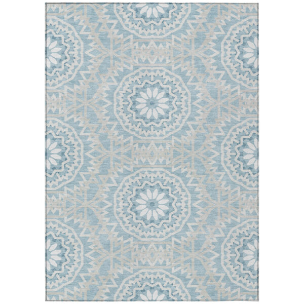 5' X 8' Denim Blue And Ivory Floral Medallion Washable Indoor Outdoor Area Rug