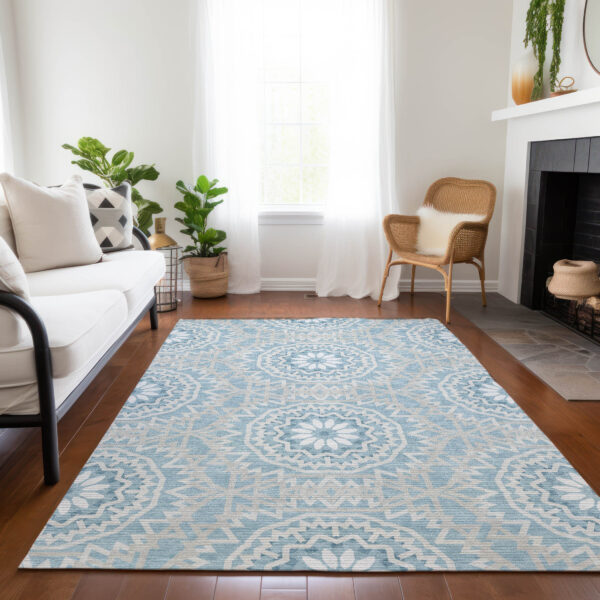 5' X 8' Denim Blue And Ivory Floral Medallion Washable Indoor Outdoor Area Rug