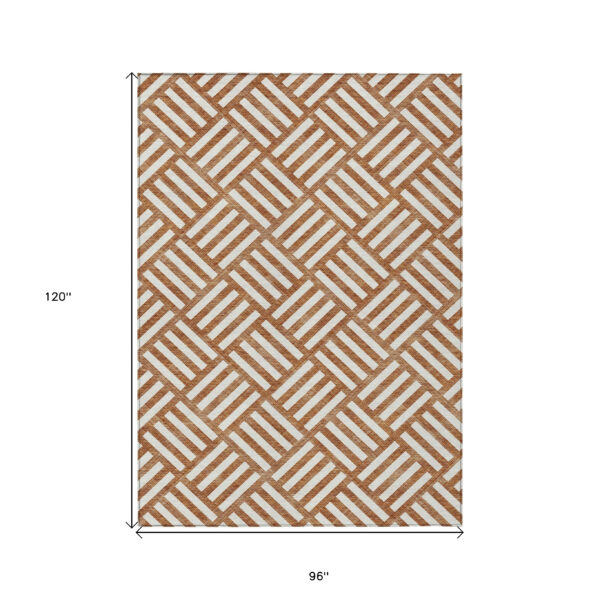 8' X 10' Orange And Ivory Geometric Washable Indoor Outdoor Area Rug
