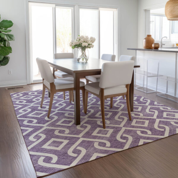 5' X 8' Purple And Ivory Geometric Washable Indoor Outdoor Area Rug