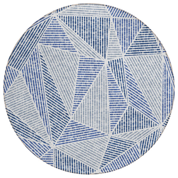 8' Navy Blue And Denim Blue Round Geometric Washable Indoor Outdoor Area Rug