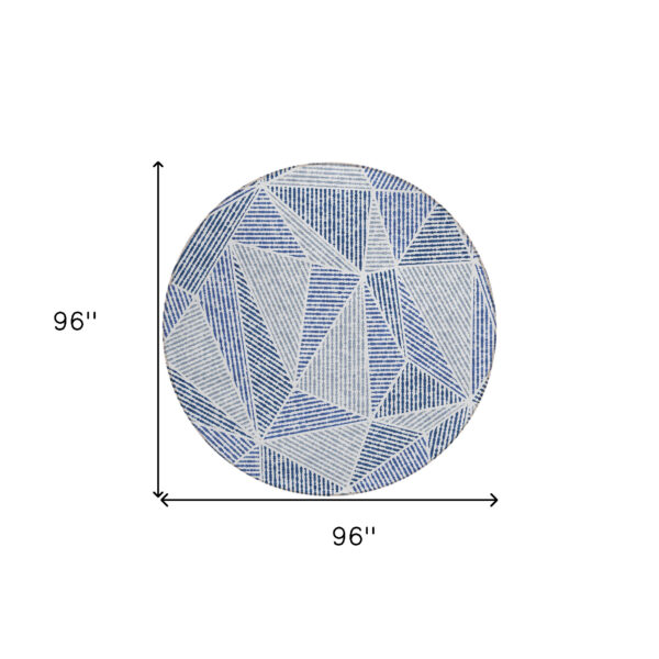 8' Navy Blue And Denim Blue Round Geometric Washable Indoor Outdoor Area Rug