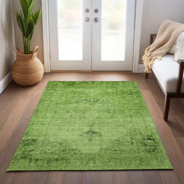 3' X 5' Green And Olive Green Oriental Washable Indoor Outdoor Area Rug