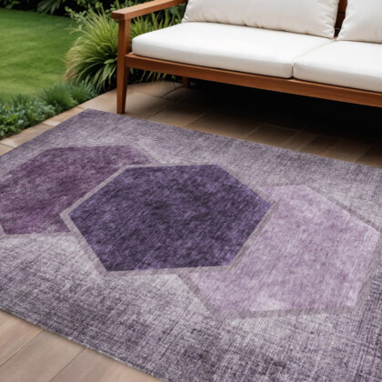 10' X 14' Eggplant Purple And Lavender Geometric Washable Indoor Outdoor Area Rug