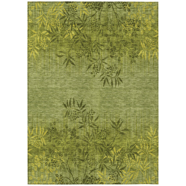 10' X 14' Olive Green And Fern Green Floral Washable Indoor Outdoor Area Rug