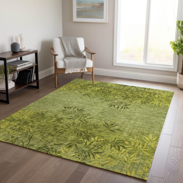 10' X 14' Olive Green And Fern Green Floral Washable Indoor Outdoor Area Rug
