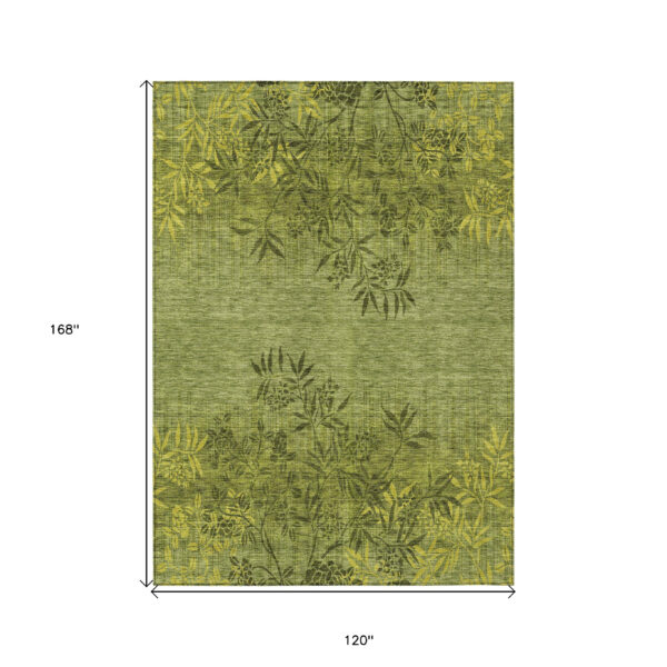 10' X 14' Olive Green And Fern Green Floral Washable Indoor Outdoor Area Rug