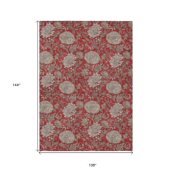 9' X 12' Red Taupe And Beige Floral Washable Indoor Outdoor Area Rug