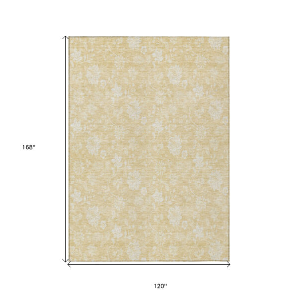 10' X 14' Yellow Wheat And Ivory Floral Washable Indoor Outdoor Area Rug