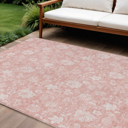 9' X 12' Pink Ivory And Blush Floral Washable Indoor Outdoor Area Rug