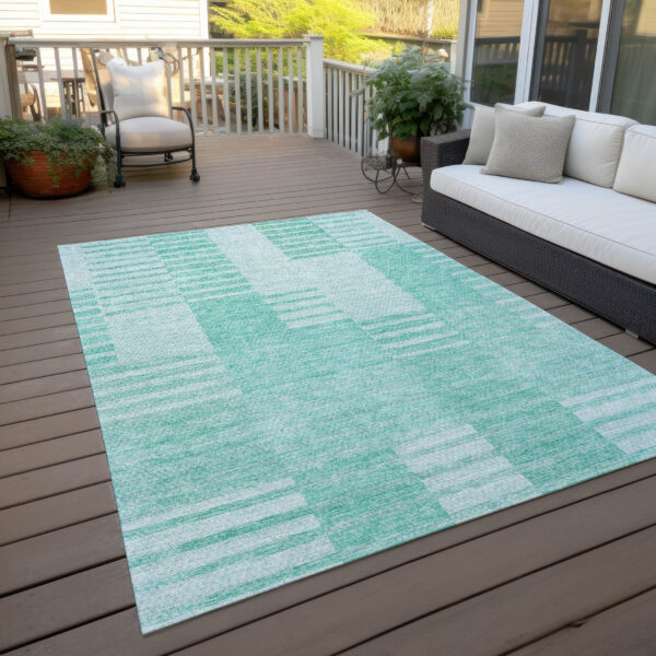 9' X 12' Teal Blue Aqua And Ivory Striped Washable Indoor Outdoor Area Rug