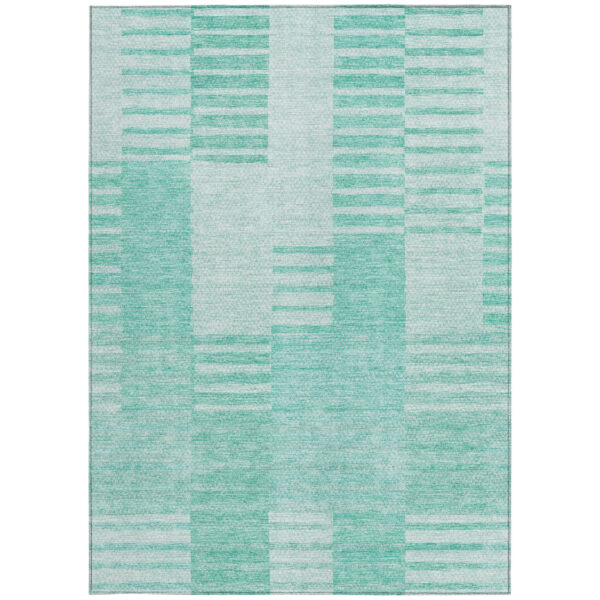 9' X 12' Teal Blue Aqua And Ivory Striped Washable Indoor Outdoor Area Rug