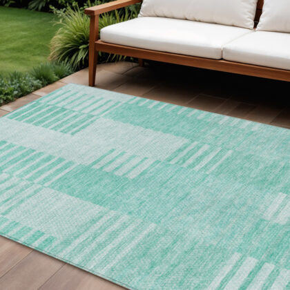 9' X 12' Teal Blue Aqua And Ivory Striped Washable Indoor Outdoor Area Rug
