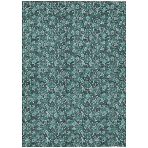 9' X 12' Teal Blue Aqua And Ivory Floral Washable Indoor Outdoor Area Rug