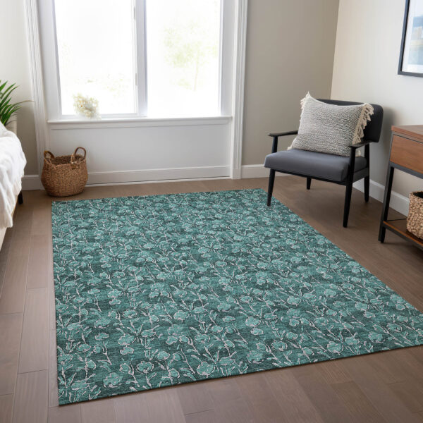 9' X 12' Teal Blue Aqua And Ivory Floral Washable Indoor Outdoor Area Rug