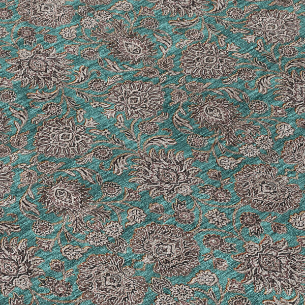 10' X 14' Teal Blue Beige And Taupe Floral Washable Indoor Outdoor Area Rug