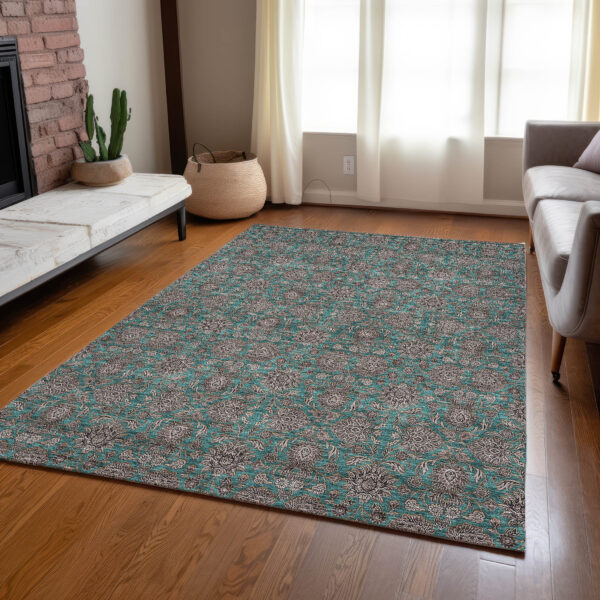 10' X 14' Teal Blue Beige And Taupe Floral Washable Indoor Outdoor Area Rug