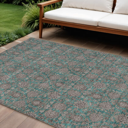 10' X 14' Teal Blue Beige And Taupe Floral Washable Indoor Outdoor Area Rug