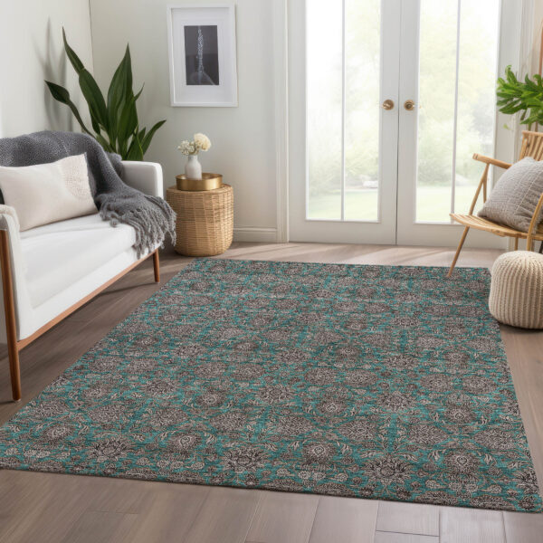 10' X 14' Teal Blue Beige And Taupe Floral Washable Indoor Outdoor Area Rug