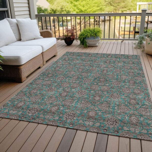 10' X 14' Teal Blue Beige And Taupe Floral Washable Indoor Outdoor Area Rug
