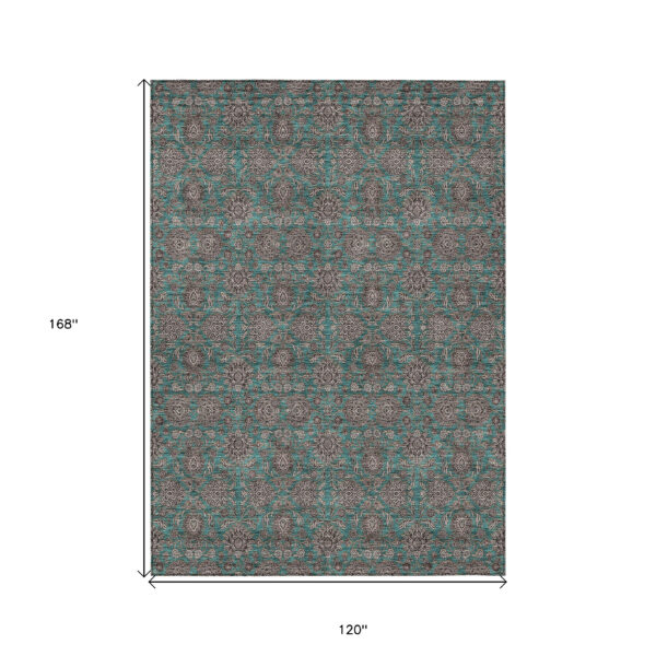 10' X 14' Teal Blue Beige And Taupe Floral Washable Indoor Outdoor Area Rug
