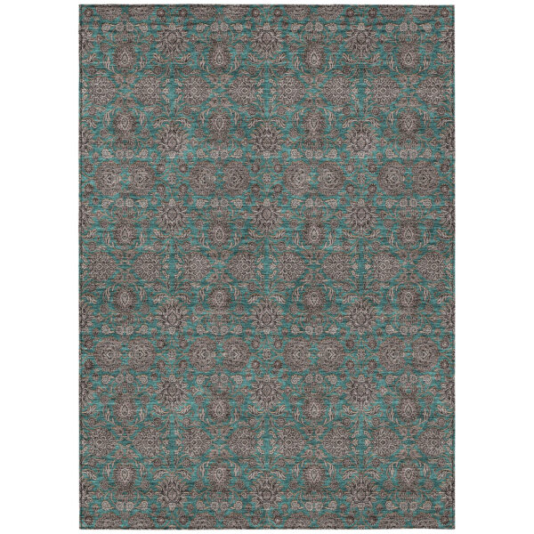 10' X 14' Teal Blue Beige And Taupe Floral Washable Indoor Outdoor Area Rug