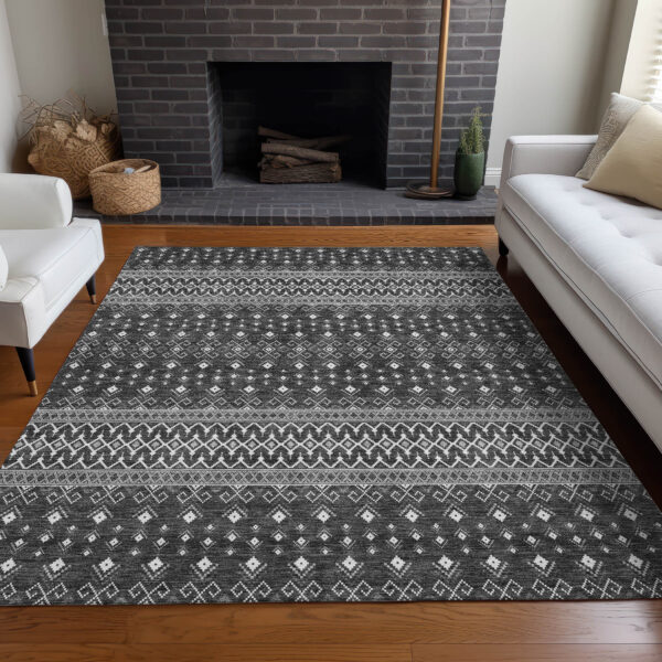 9' X 12' Gray Silver And Charcoal Tribal Washable Indoor Outdoor Area Rug
