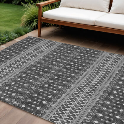 9' X 12' Gray Silver And Charcoal Tribal Washable Indoor Outdoor Area Rug