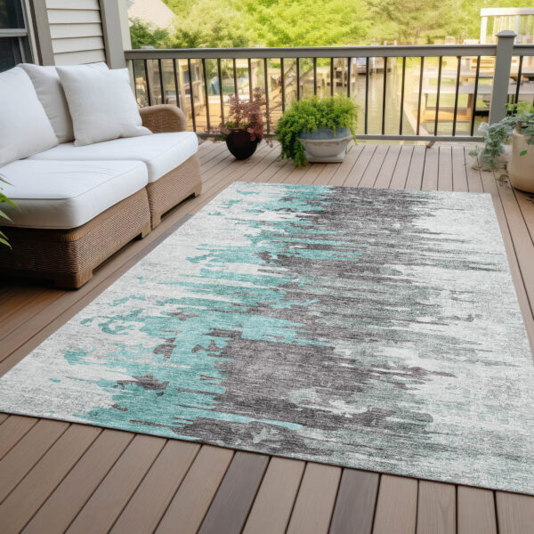 10' X 14' Teal Blue Charcoal And Silver Abstract Washable Indoor Outdoor Area Rug