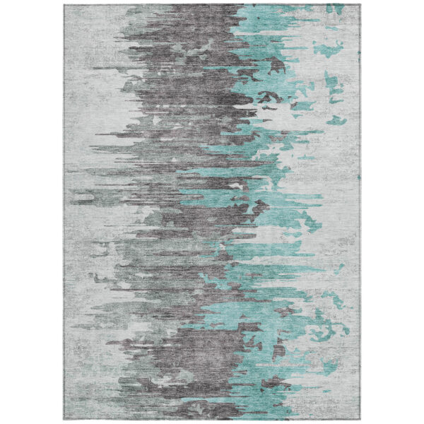 10' X 14' Teal Blue Charcoal And Silver Abstract Washable Indoor Outdoor Area Rug