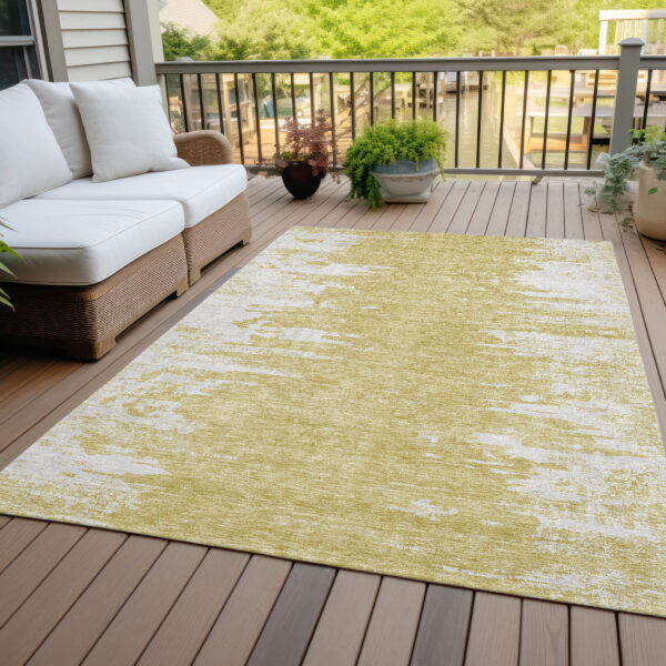 9' X 12' Gold And Ivory Abstract Washable Indoor Outdoor Area Rug
