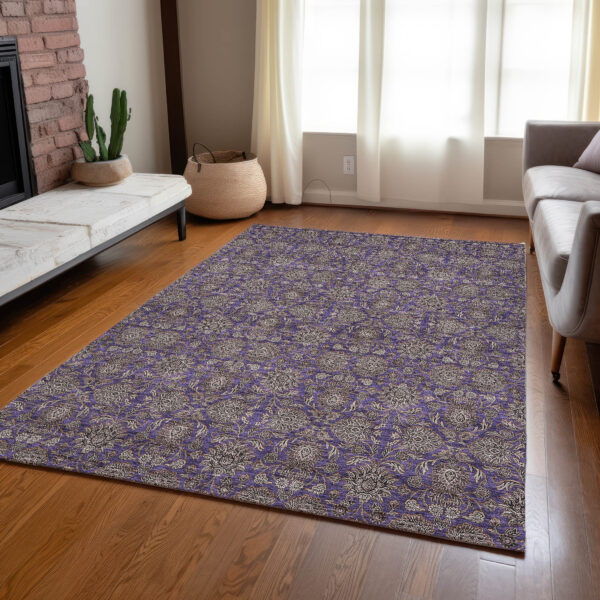 5' X 8' Purple Beige And Taupe Floral Washable Indoor Outdoor Area Rug