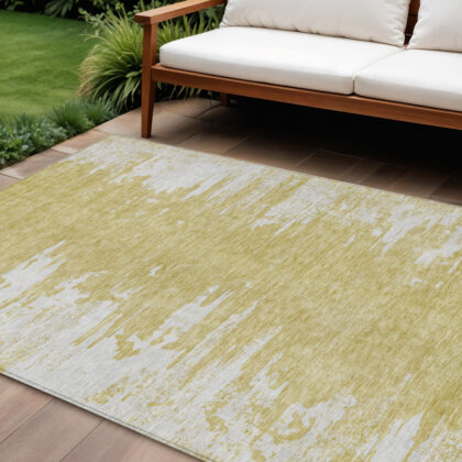 10' X 14' Gold And Ivory Abstract Washable Indoor Outdoor Area Rug