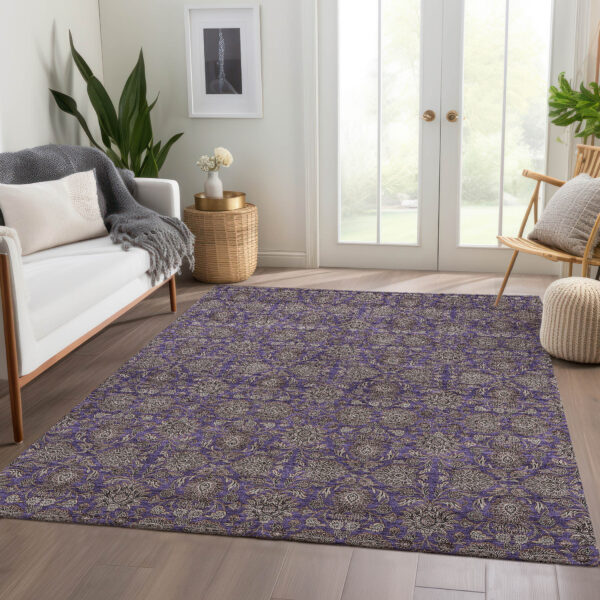 5' X 8' Purple Beige And Taupe Floral Washable Indoor Outdoor Area Rug