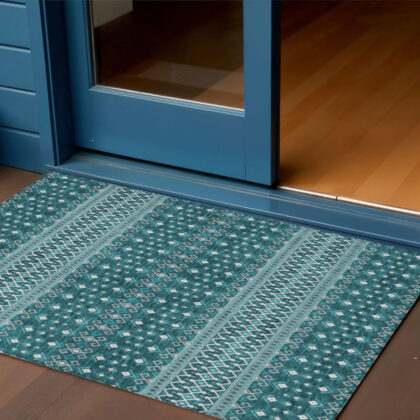 3' X 5' Teal Blue Aqua And Ivory Tribal Washable Indoor Outdoor Area Rug