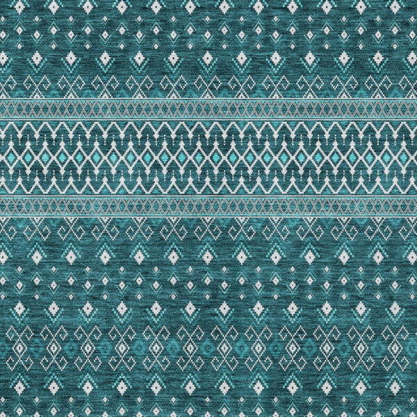3' X 5' Teal Blue Aqua And Ivory Tribal Washable Indoor Outdoor Area Rug